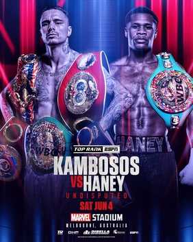Fight poster showing George Kambosos and Devin Haney in various poses.