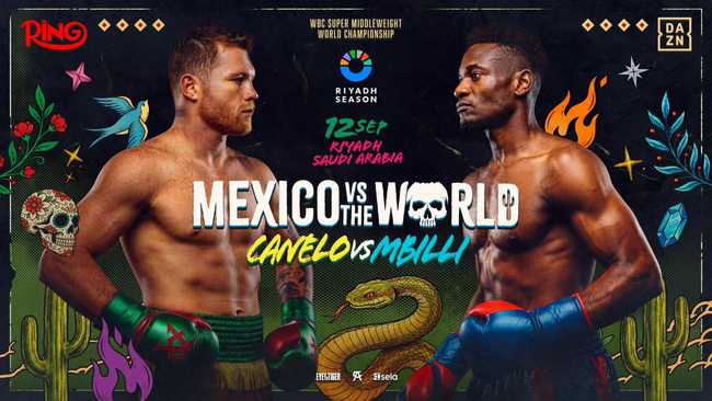 Fight poster showing Saul Alvarez and Christian Mbilli in various poses.