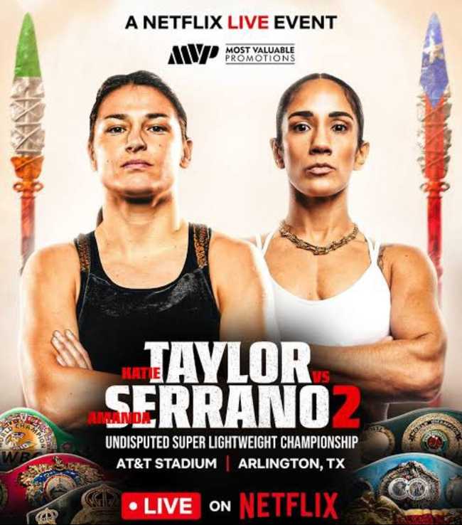 Fight poster showing Katie Taylor and Amanda Serrano in various poses.