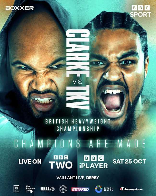 Fight poster showing Frazer Clarke and Jeamie Tshikeva in various poses.