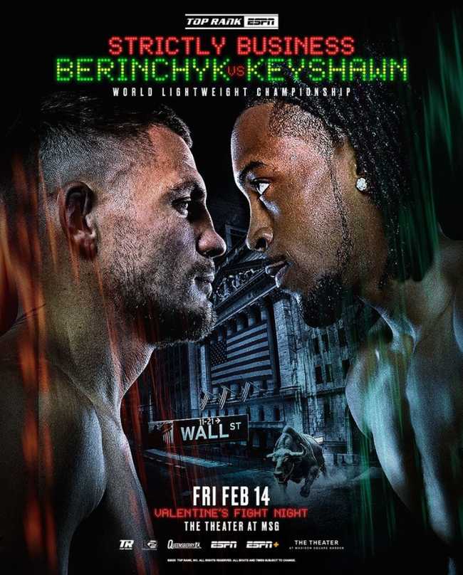 Fight poster showing Denys Berinchyk and Keyshawn Davis in various poses.