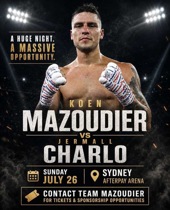 Fight poster showing Jermall Charlo and Koen Mazoudier in various poses.