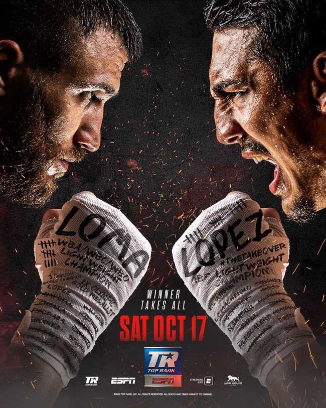 Fight poster showing Vasiliy Lomachenko and Teofimo Lopez in various poses.
