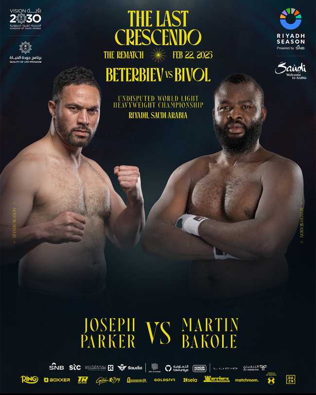 Fight poster showing Joseph Parker and Martin Bakole in various poses.