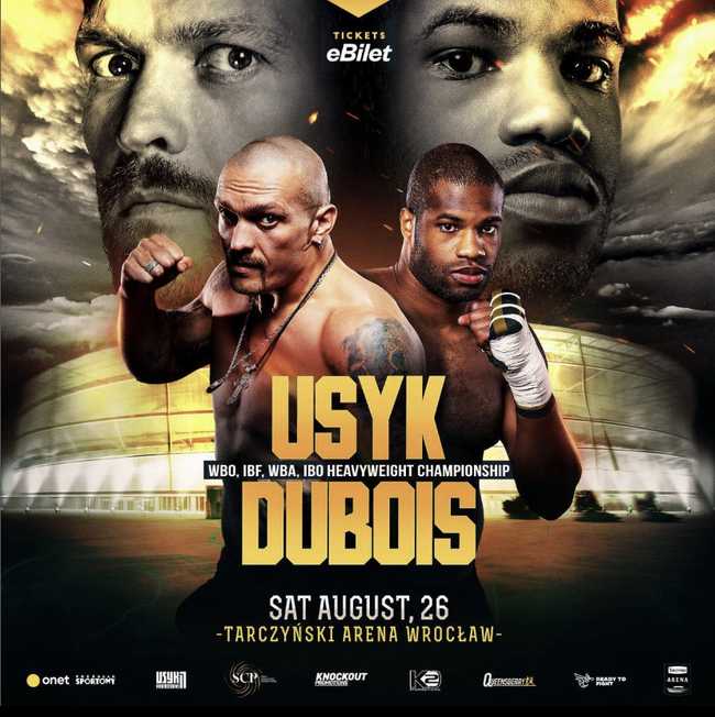 Fight poster showing Oleksandr Usyk and Daniel Dubois in various poses.