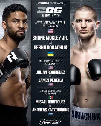 Fight poster showing Shane Mosley Jr and Serhii Bohachuk in various poses.