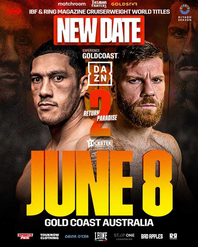 Fight poster showing Jai Opetaia and Claudio Squeo in various poses.