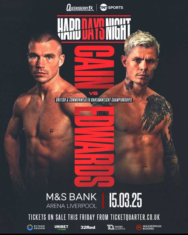 Fight poster showing Andrew Cain and Charlie Edwards in various poses.