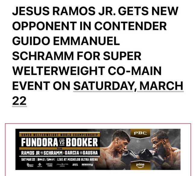 Fight poster showing Jesus Ramos Jr and Guido Emmanuel Schramm in various poses.