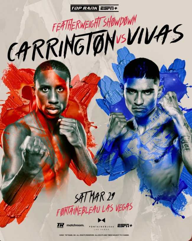Fight poster showing Bruce Carrington and Enrique Vivas in various poses.