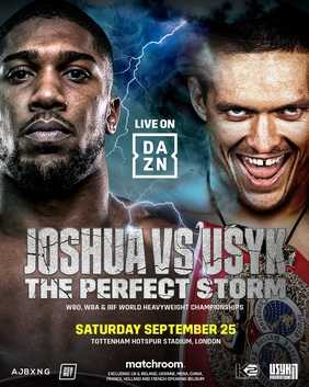Fight poster showing Anthony Joshua and Oleksandr Usyk in various poses.