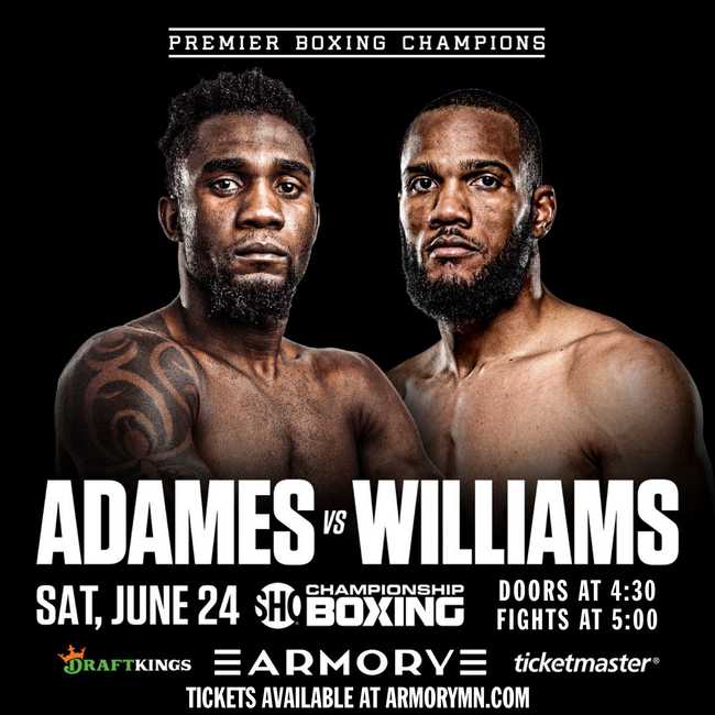 Fight poster showing Carlos Adames and Julian Williams in various poses.