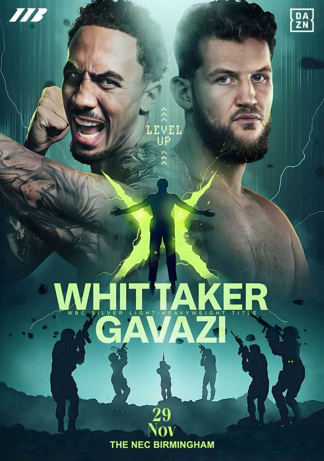 Fight poster showing Ben Whittaker and Benjamin Gavazi in various poses.