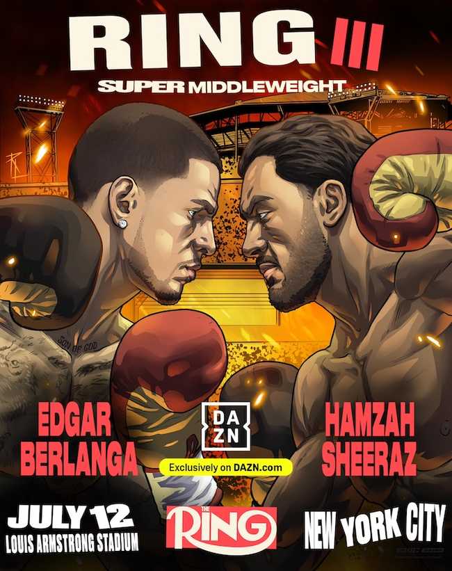Fight poster showing Edgar Berlanga and Hamzah Sheeraz in various poses.