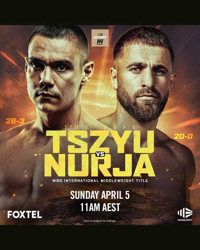 Fight poster showing Tim Tszyu and Denis Nurja in various poses.