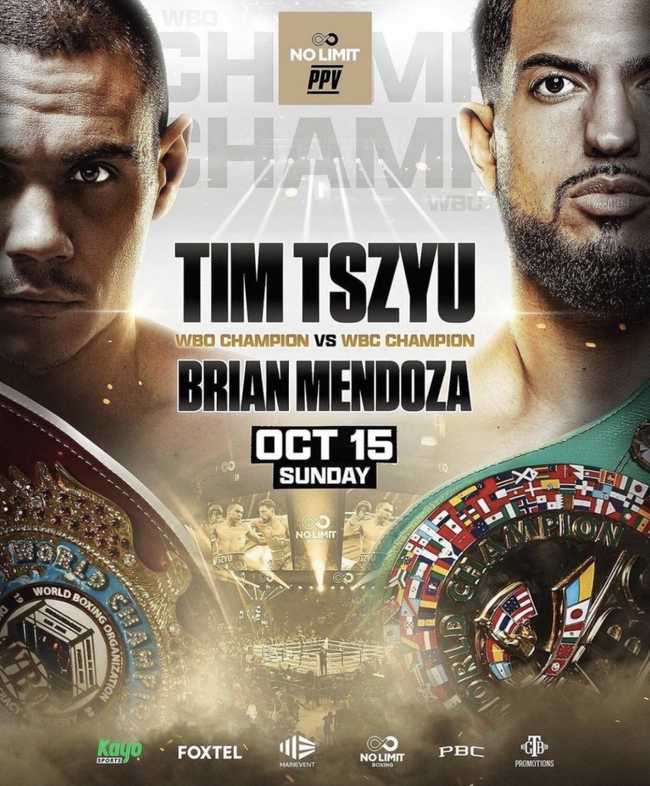 Fight poster showing Tim Tszyu and Brian Mendoza in various poses.