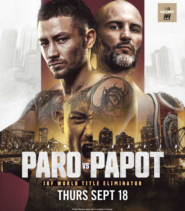 Fight poster showing Liam Paro and David Papot in various poses.