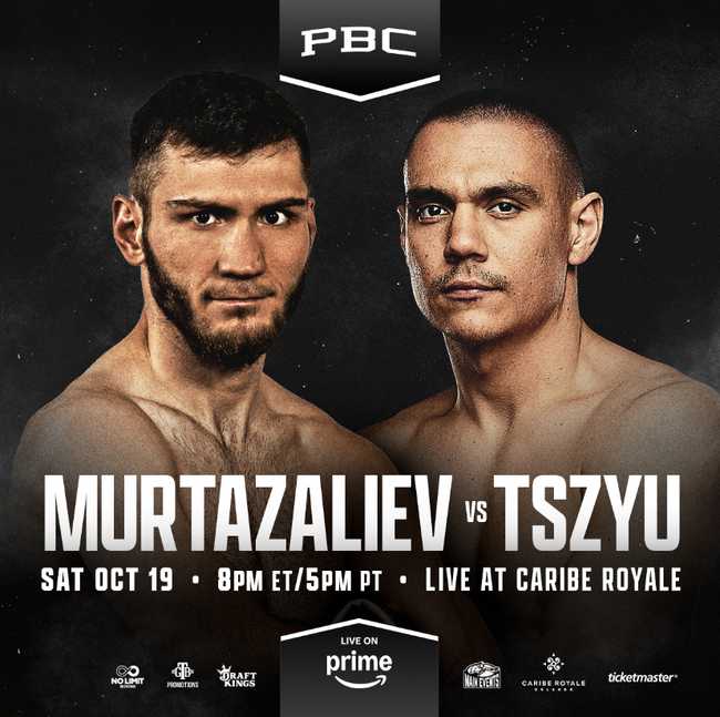 Fight poster showing Bakhram Murtazaliev and Tim Tszyu in various poses.