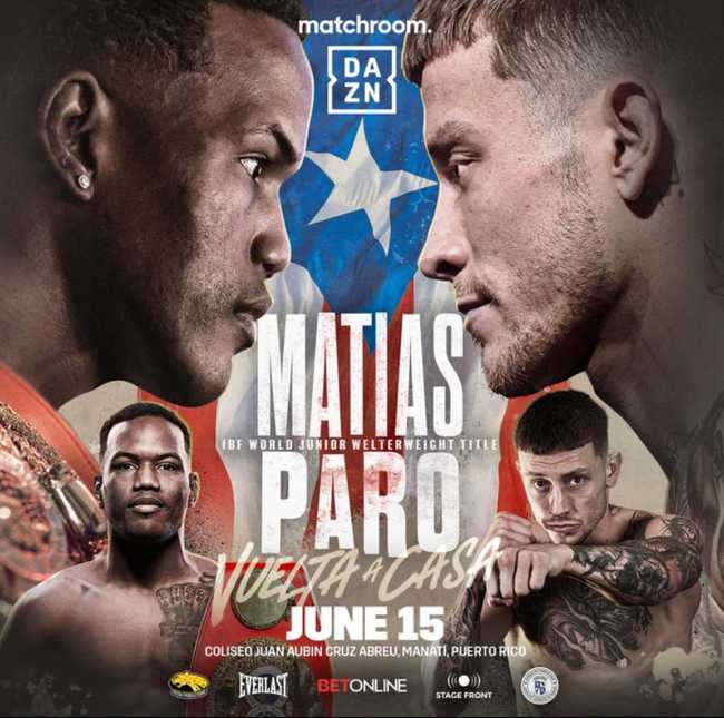 Fight poster showing Subriel Matias and Liam Paro in various poses.