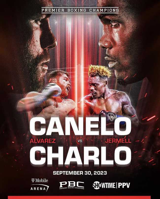Fight poster showing Saul Alvarez and Jermell Charlo in various poses.