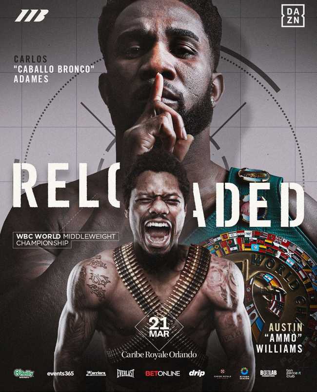 Fight poster showing Carlos Adames and Austin Williams in various poses.