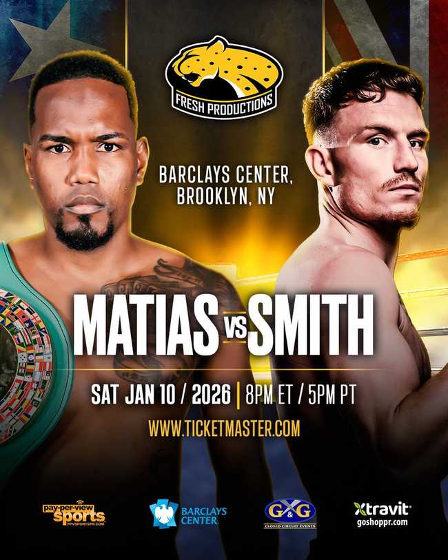 Fight poster showing Subriel Matias and Dalton Smith in various poses.