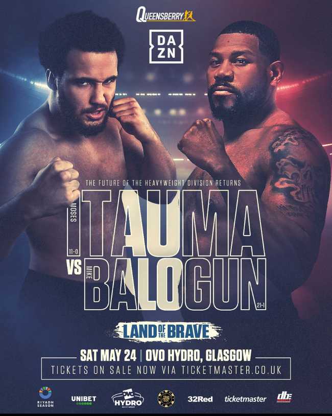 Fight poster showing Moses Itauma and Mike Balogun in various poses.