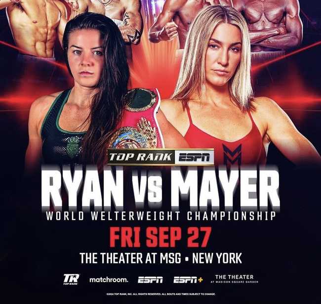 Fight poster showing Sandy Ryan and Mikaela Mayer in various poses.