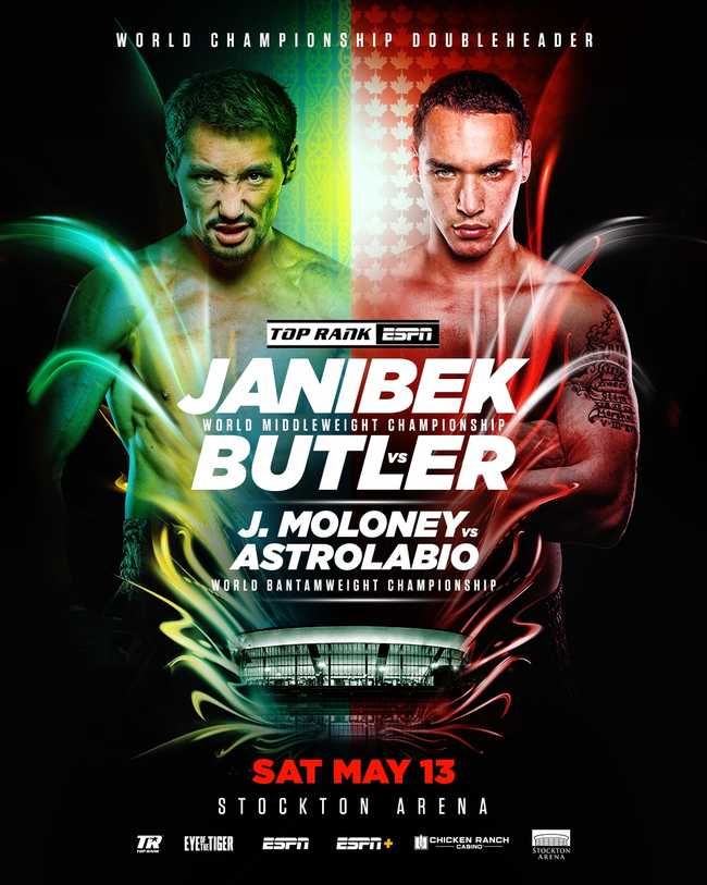 Fight poster showing Janibek Alimkhanuly and Steven Butler in various poses.