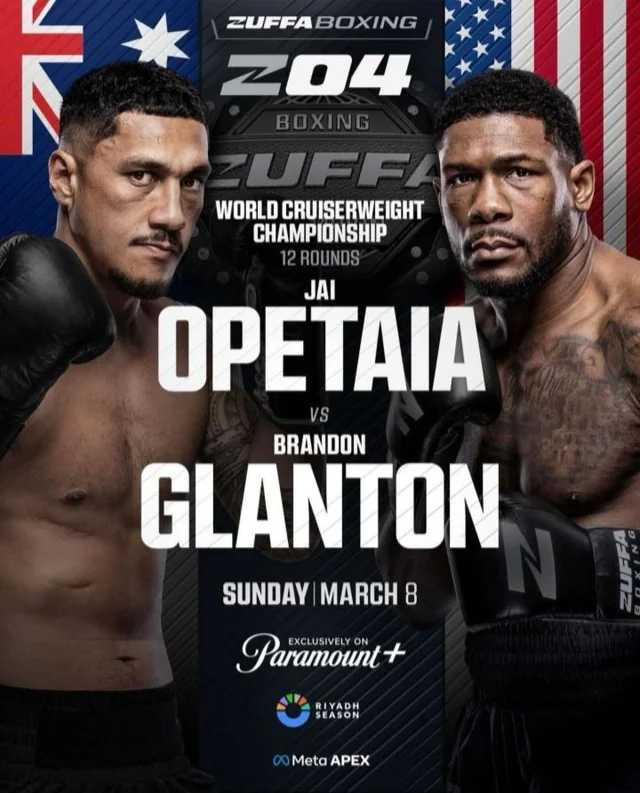 Fight poster showing Jai Opetaia and Brandon Glanton in various poses.