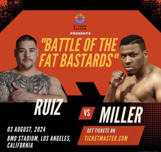 Fight poster showing Andy Ruiz and Jarrell Miller in various poses.
