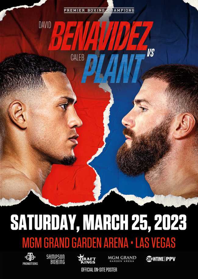 Fight poster showing David Benavidez and Caleb Plant in various poses.