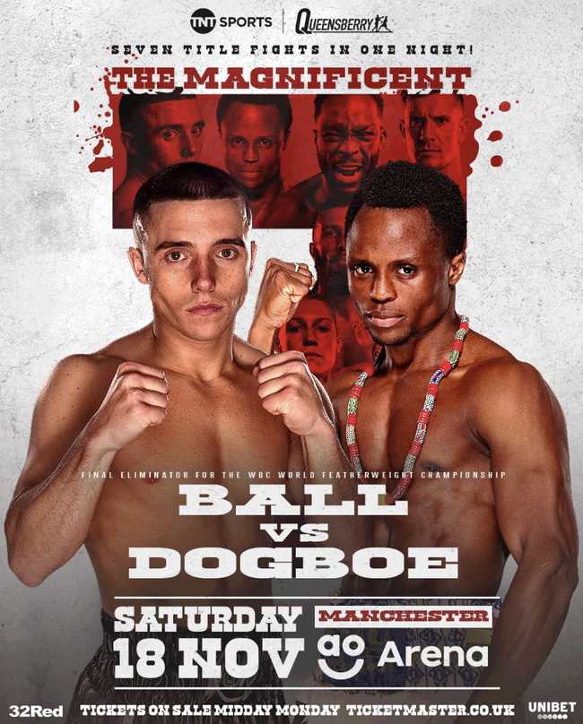Fight poster showing Nick Ball and Isaac Dogboe in various poses.