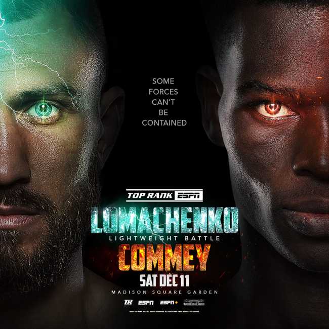 Fight poster showing Vasiliy Lomachenko and Richard Commey in various poses.