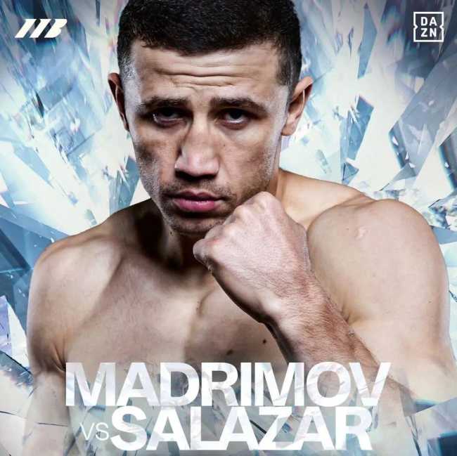 Fight poster showing Israil Madrimov and Luis David Salazar in various poses.